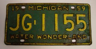 1959 Michigan License Plate Water Wonderland Green Yellow Jg - 1155 Mi Vtg Old 