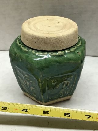 Vintage Ginger Jar &lid Chinese Shiwan Jade Green Glazed Hexagonal Earthenware