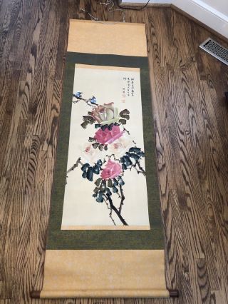 Chinese Hanging Scroll Artwork Hand Painted On Silk With Birds And Flowers