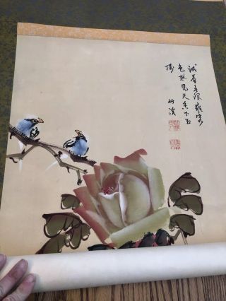 Chinese Hanging Scroll Artwork Hand Painted On Silk With Birds And Flowers 3