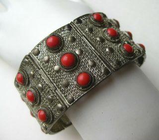 Vintage Chinese Sterling Silver Red Coral Panel Link Filigree Court Bracelet