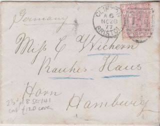 1877 Qv Clifton Bristol Cover With A 2½d Stamp Sent To Hamburg Germany Cat £120