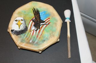Native American Painted Rawhide Drum By Navajo Artist Phillip Nez - 8 "