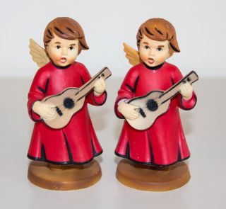 Vintage Set/2 Angel Figurines Hard Plastic Hummel Style Playing Guitar Red Gowns