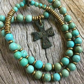 Ancient Bronze Byzantine Cross Pendant 1000 Years Old Artifact / Turquoise Beads