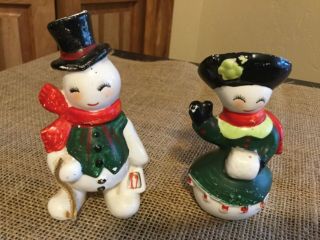 Vintage Snowman Couple Christmas Salt & Pepper Shakers Kreiss Japan
