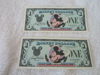 2 One Dollar $1 Disney Dollars 1987 A Series Mickey Mouse