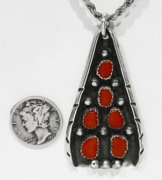 LARGE Vintage 1970s Signed NAVAJO Don Platero Natural Coral 925 Silver Pendant 2