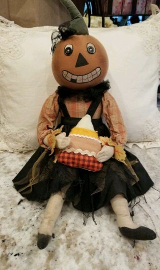 Vintage Style Halloween Pumpkin Doll Sitter Candy Corn Cloth Tulle Black Orange