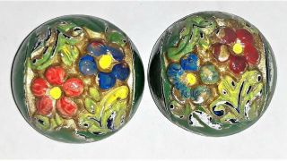 2 Pc Of Vintage Blue Floral Czech Glass Buttons - Hand Painted
