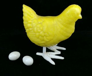 Bright Yellow Hen Chick Chicken Toy Lays White Eggs Usa 1950s Hard Plastic