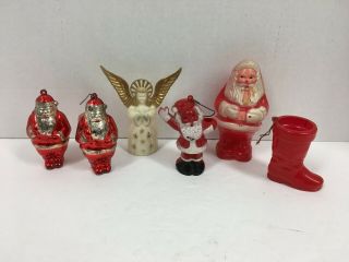 6 Vintage Plastic Christmas Ornament Candy Containers Santa Claus Boot Angel