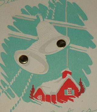 Vintage Christmas Card,  Red House,  White Bells,  Aqua Sky,  5 1/2 "