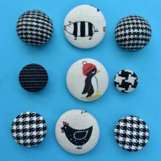 9 Vintage Fabric Covered Buttons,  Black/white Tweed,  Farmyard Animals,  Penguin
