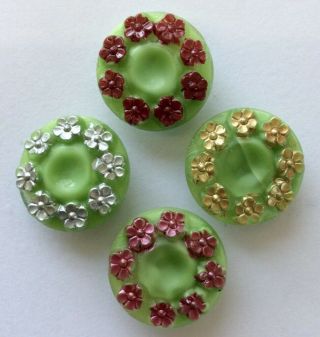 4 X 18mm Vintage Green Glass Buttons,  Enamelled Floral Border
