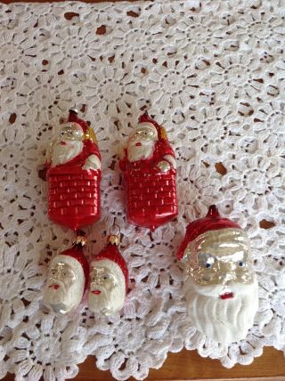 Set Of 5 Vintage Glass Santa Claus Ornaments Made West Germany