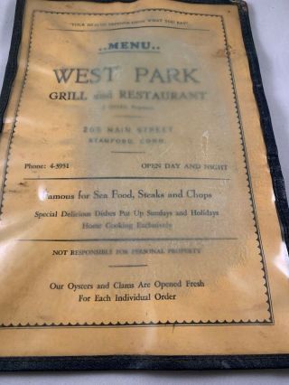 Vintage West Park Grill And Restaurant Menu Stamford Ct Connecticut 1930s