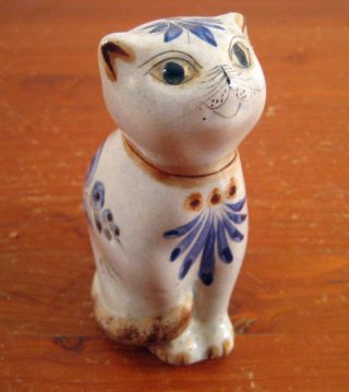 Signed Cat 511 Mexican Pottery Cat Kitten Figural Tonala Blue Eyes Floral Brown