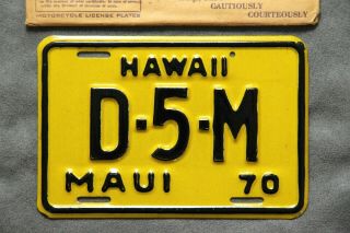 Hawaii.  1970 Maui.  Motorcycle License Plate.  With Envelope.