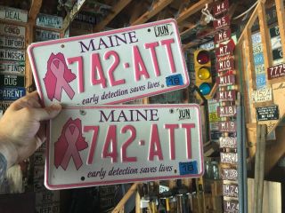 Maine License Plate Pair Breast Cancer Awareness 742•att Pink Graphic