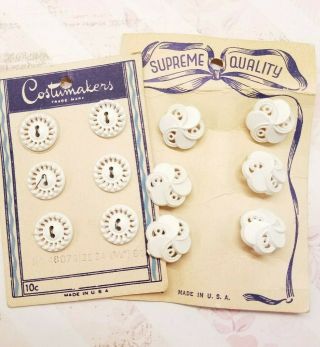 2 Cards Of Vintage Plastic Buttons,  White Pierced