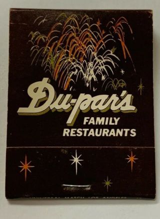 Vintage Dupar’s Restaurant Matchbook Sfv California Book Of Matches Vtg