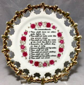 Ten Commandments Vintage 6 1/2 " Wall Plate Gold Rim Pink Roses White Porcelain