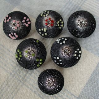Set Of 6 Black Glass Flower Buttons With Silver Shading & Enamel