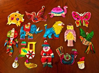 12 Large 3 Small Vintage Mexican Folk Art Tin Painted Christmas Ornaments
