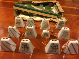 Vintage 1940s Porcelain China Christmas Bell Ornament Boxed Set Greetings Japan