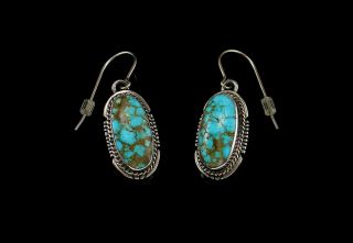 Vintage Navajo Sterling Silver Spider Web Turquoise Earrings Signed L.  L.