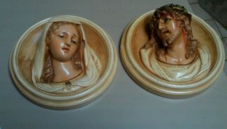 Set Of 2 Vintage Wall Plaques / Statues - 1 Is Jesus Other Is Blessed Mother Ma
