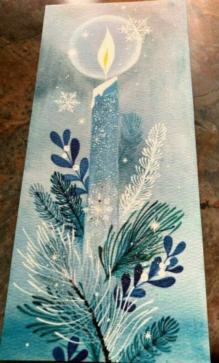 Vibrant Aqua Blue Glitter Taper Candle Atomic Snowflakes Christmas Vtg Card