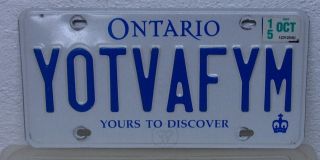 Ontario Personal Vanity License Plate Yotvafym Garage Man Cave Bar Sign Backward