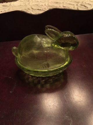 Vtg Le Smith Green Glass Bunny Rabbit Covered Candy Dish
