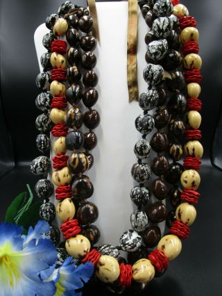 4 Hawaii Kukui Nut Lei Luau Hula Necklaces Black And White,  Blond,  Brown,  Tiger