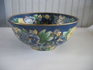 Vintage 10 " Hand Painted Andrea Sadek Floral Bowl Blue White Yellow Gold Trim