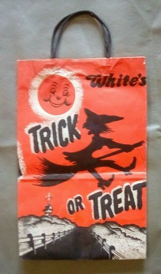 1950s - 60s Paper Halloween Trick Or Treat Bag W/handles Witch Broom Farm (1 Of 2)