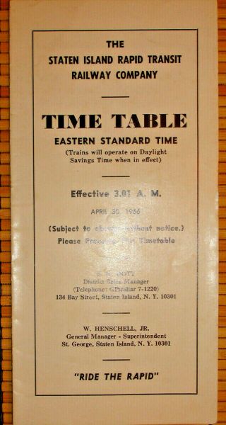 Staten Island Rapid Transit Railway Co.  Passenger Timetable 4 - 30 - 1966/st G - - Tott