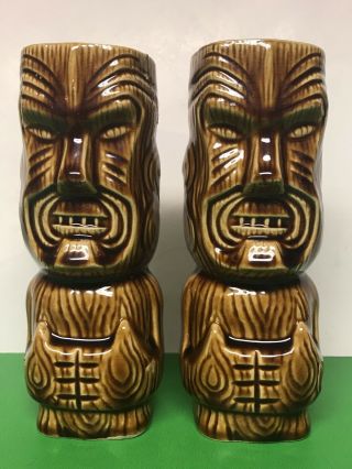 Vtg Pair Ceramic Orchids Of Hawaii R - 88 Tiki Mugs Kona Kai Maori Retro Bar Glass
