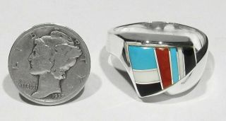 Large Vintage 70s Signed Zuni 925 Silver Turquoise Coral Jet Inlay Mans Ring 12 2