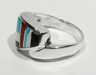 Large Vintage 70s Signed Zuni 925 Silver Turquoise Coral Jet Inlay Mans Ring 12 3