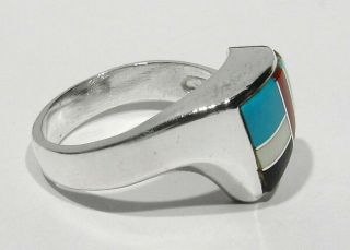 Large Vintage 70s Signed Zuni 925 Silver Turquoise Coral Jet Inlay Mans Ring 12 4