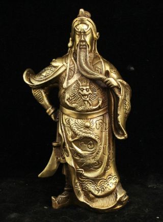 Chinese Bronze Brass Dragon Robe Guangong Guanyu Warrior Soldier God Statue