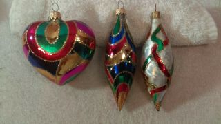 Vintage Christmas Ornaments Set Of 3 Glass Two Icicles & A Large Heart Colorful