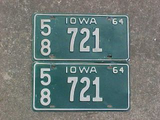 Pair 1964 Iowa Car License Plates.  5/8 721.  Louisa County.