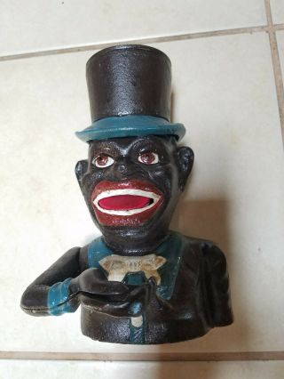 Black Americana Mechanical Bank Vintage Style Jolly Man Cast Iron Blue 1896