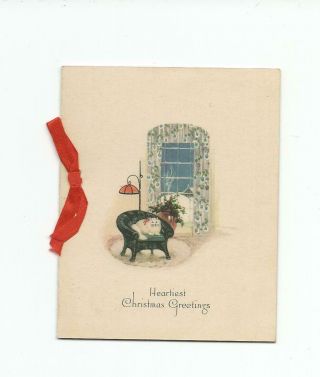 Vtg Christmas Card Booklet White Fluffy Kitty Cat In Wicker Chair Home 1920 