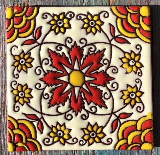 8 Talavera Mexican Pottery Tile 4 " X 4 " Charlotte Pink Gold Classic Hi Relief