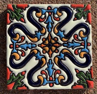 8 Talavera Mexican Pottery Tile 4 " X 4 " Hi Relief Santa Barbara Red Turquoise
